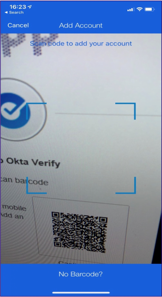 Scanning the QR code using the Okta Verity app.